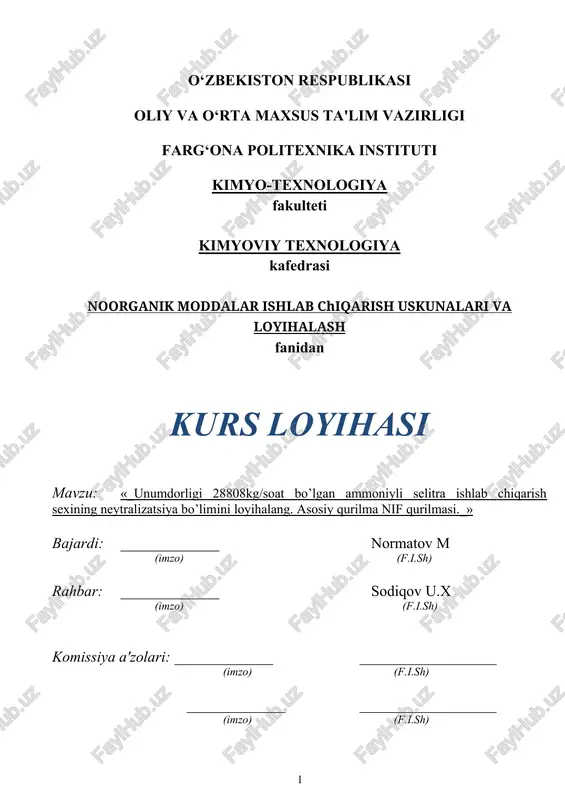 noorganik moddalar ishlab chiqarish uskunalari va loyihalash — DOCX