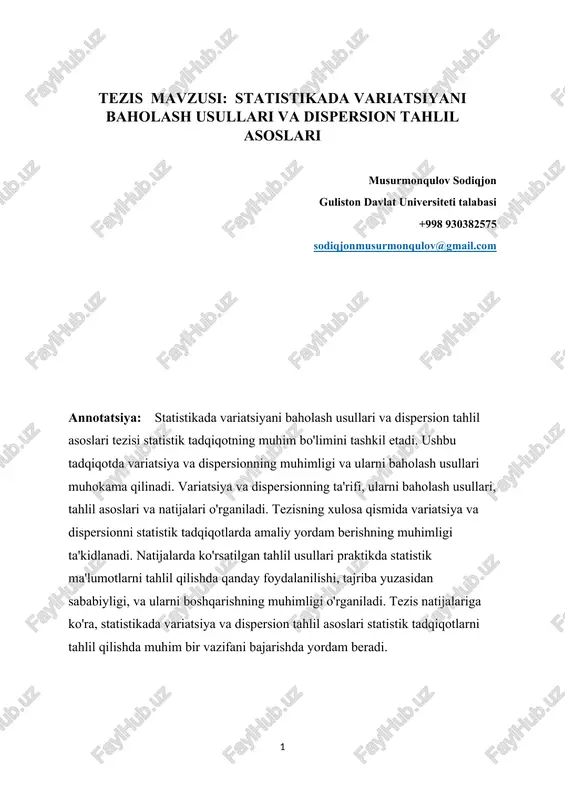 statistikada variatsiyani baholash usullari va dispersion tahlil asoslari — DOCX