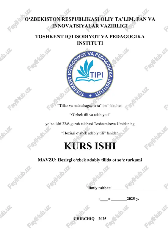 hozirgi o‘zbek adabiy tilida ot so‘z turkumi — DOCX