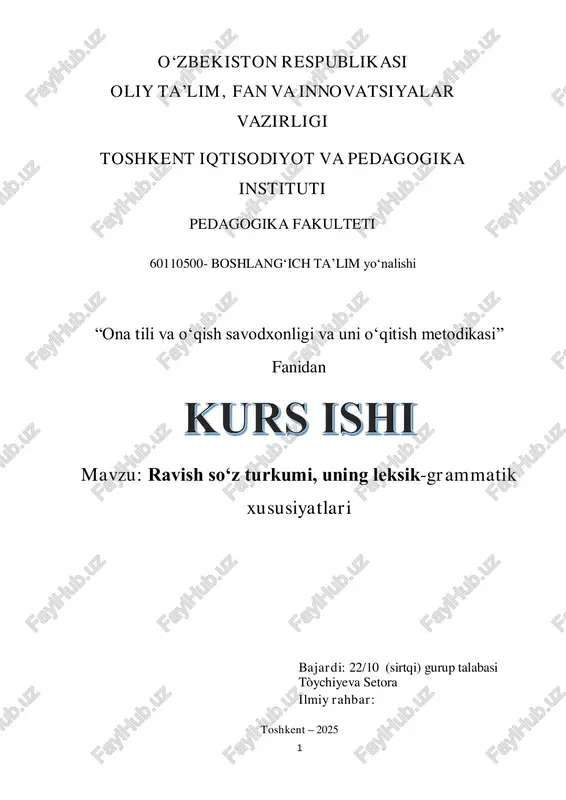 ravish soʻz turkumi, uning leksik-grammatik xususiyatlari — PDF