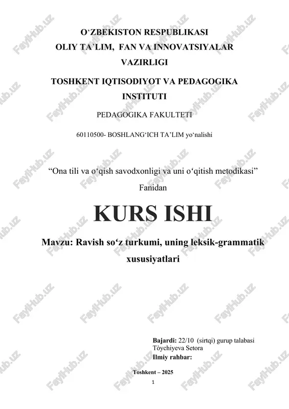 ravish soʻz turkumi, uning leksik-grammatik xususiyatlari — DOCX