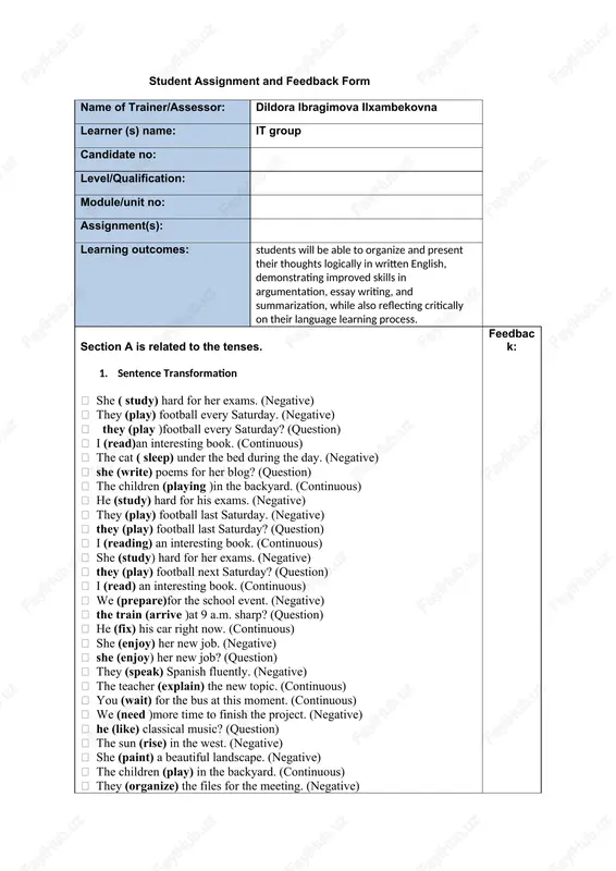 student assignment and feedback form — DOCX