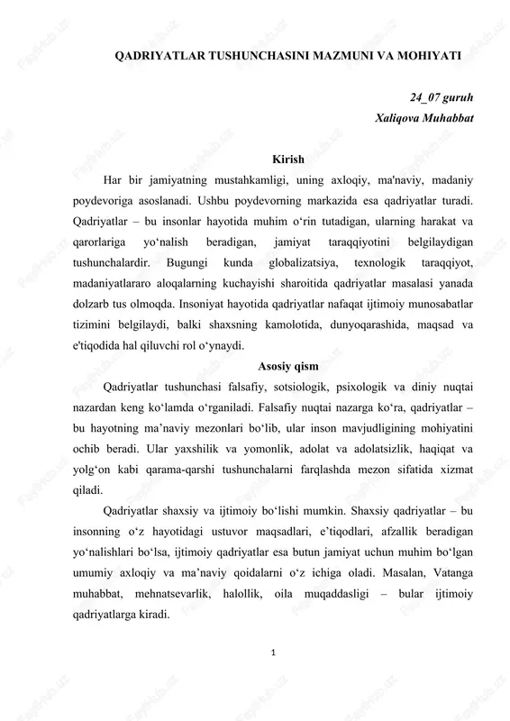 qadriyatlar tushunchasini mazmuni va mohiyati — DOC
