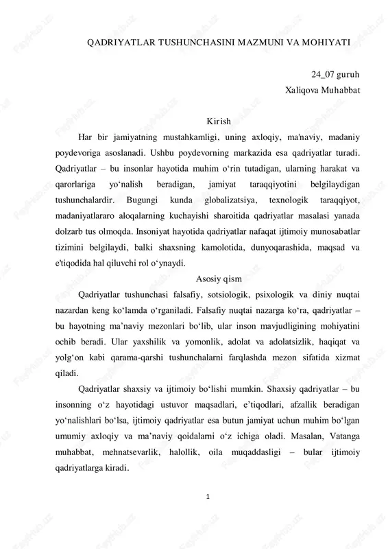 qadriyatlar tushunchasini mazmuni va mohiyati — PDF