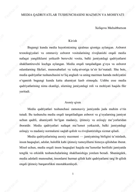 media qadriyatlar tushunchasini mazmun va mohiyati — PDF