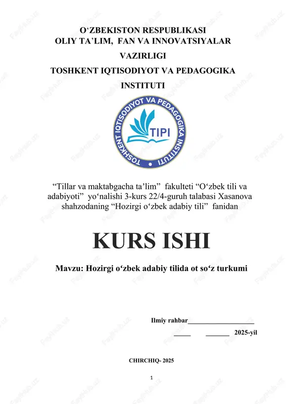 hozirgi o‘zbek adabiy tilida ot so‘z turkumi — DOCX