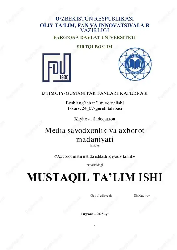 axborot matn ustida ishlash, qiyosiy tahlil — PDF