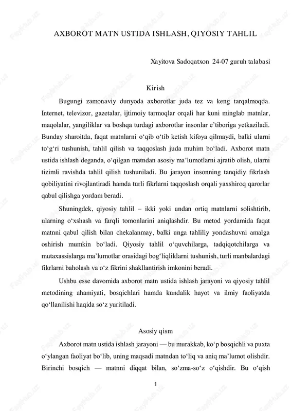 axborot matn ustida ishlash, qiyosiy tahlil — PDF