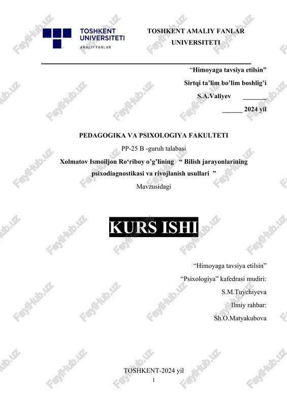 bilish jarayonlarining psixodiagnostikasi va rivojlanish usullari — DOCX