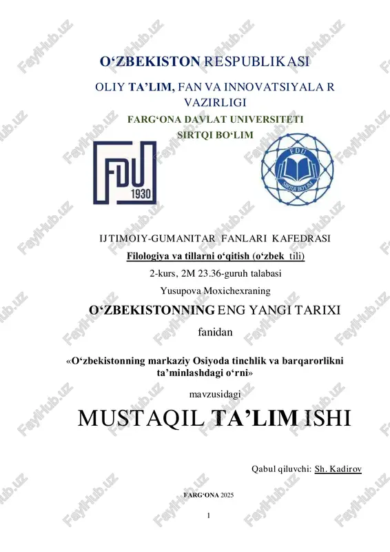 o‘zbekistonning markaziy osiyoda tinchlik va barqarorlikni taʼminlashdagi oʻrni — PDF