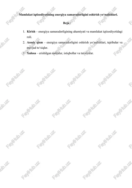 mamlakat iqtisodiyotining energiya samaradorligini oshirish yo‘nalishlari — DOCX