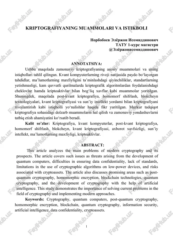 kriptografiyaning muammolari va istikboli — DOCX