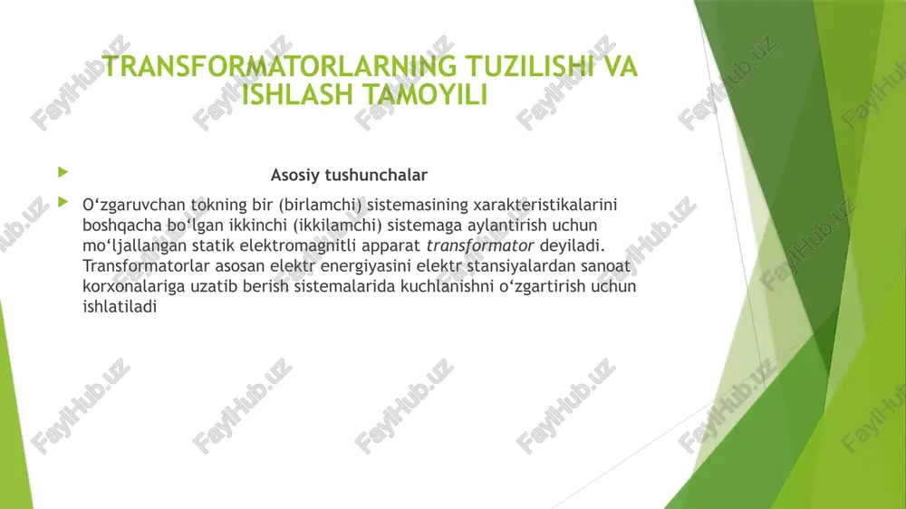 transformatorlarning tuzilishi va ishlash tamoyili — PPTX