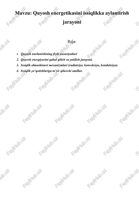 quyosh energetikasini issiqlikka aylantirish jarayoni — DOCX