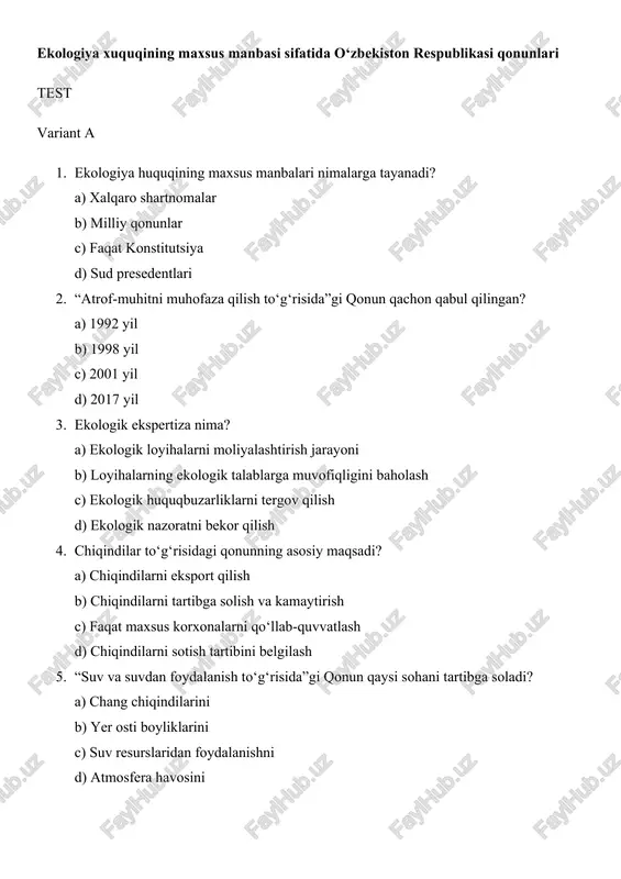 ekologiya huquqining asoslari test savollari — DOCX