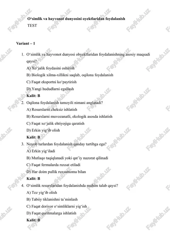 o‘simlik va hayvonot dunyosini oyektlaridan foydalanish — DOCX