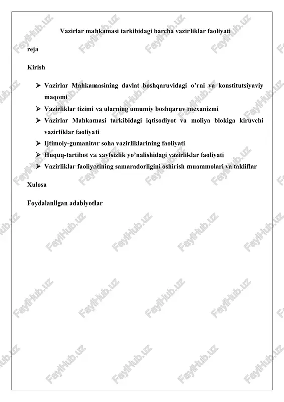 vazirlar mahkamasi tarkibidagi barcha vazirliklar faoliyati — DOCX