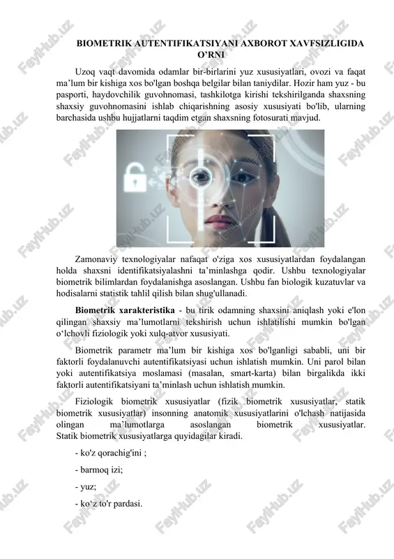 biometrik autentifikatsiyani axborot xavfsizligida o'rni — DOCX