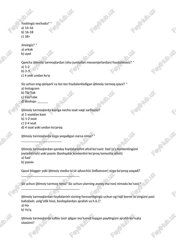 ijtimoiy tarmoqlar anketa testi — DOCX