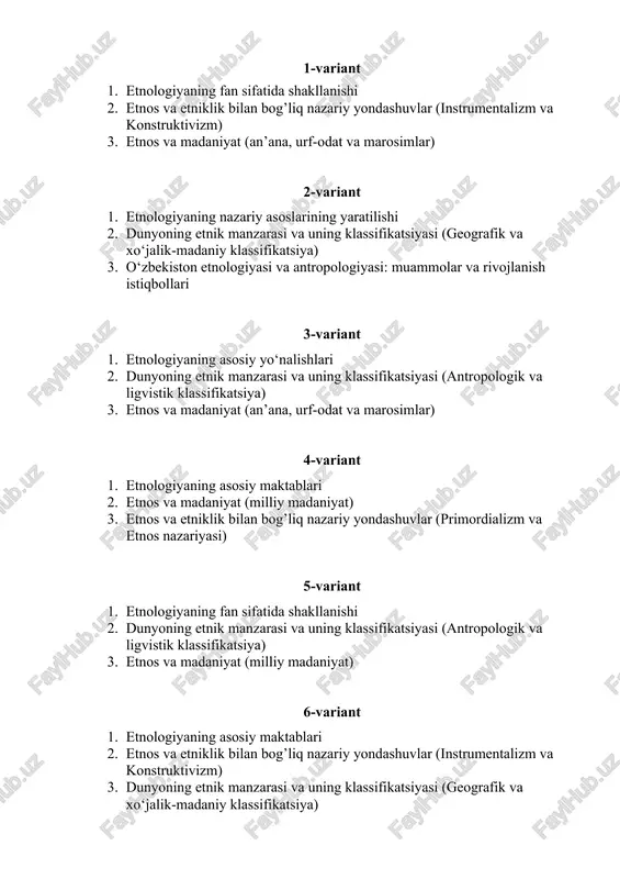 etnologiyani o'rganish variantlari — DOCX