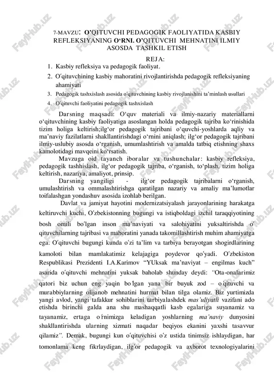 o‘qituvchi pedagogik faoliyatida kasbiy refleksiyaning o‘rni — PDF