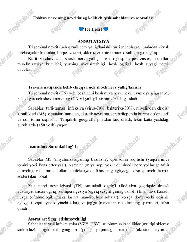 trigeminal nevrit (uch qirrali nerv yallig'lanishi) turli sabablarga — DOCX