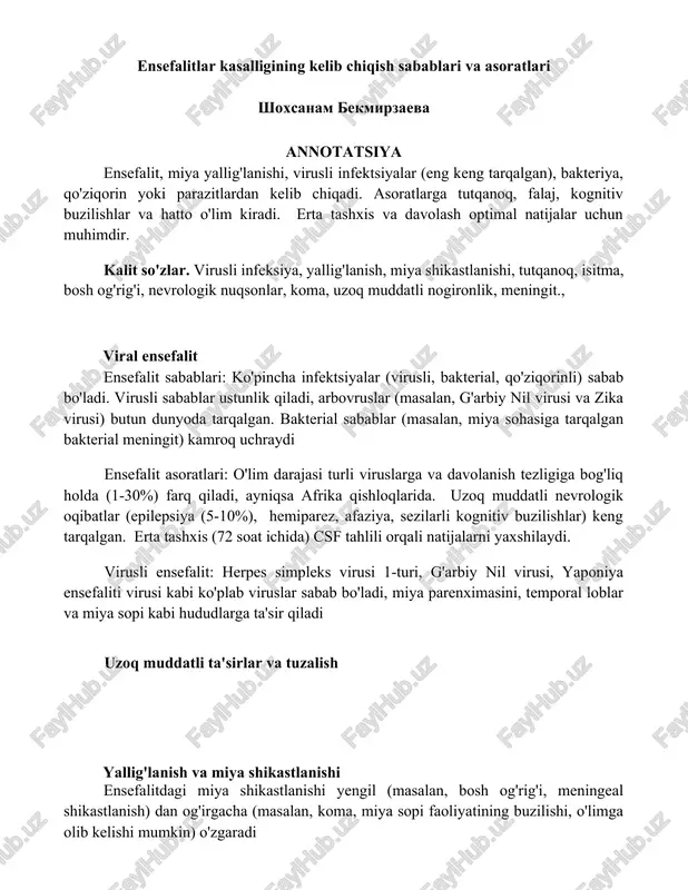 ensefalitlar kasalligining kelib chiqish sabablari va asoratlari — DOCX