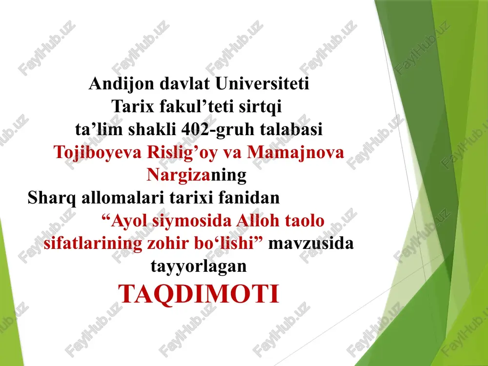 ayol siymosida allohta olisifatlarining zohir bo‘lishi — PPTX