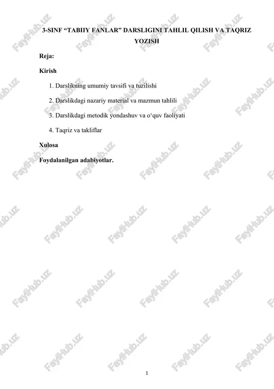 3-sinf “tabiiy fanlar” darsligini tahlil qilish va taqriz yozish — DOCX