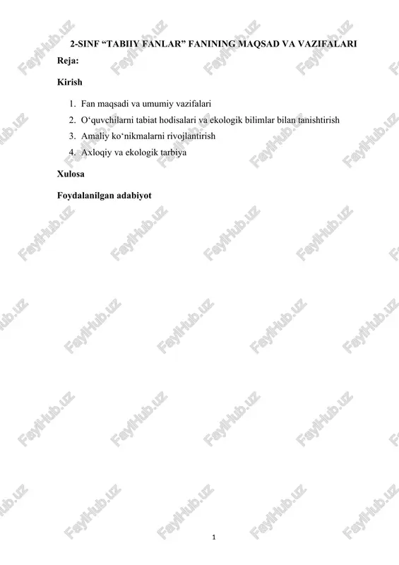2-sinf “tabiiy fanlar” fanining maqsad va vazifalari — DOCX