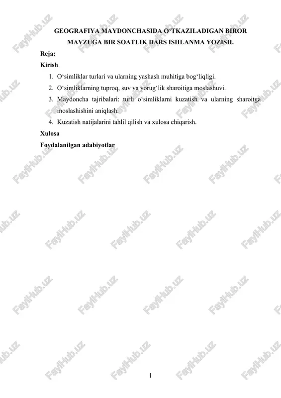 geografiya maydonchasida o'tkaziladigan biror mavzu — DOCX