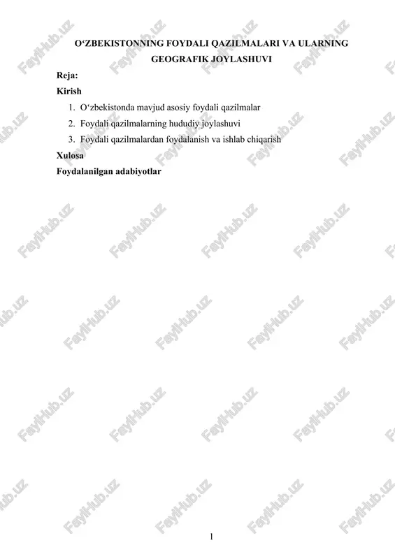 o'zbekistonning foydali qazilmalari va ularning geografik joylashuvi — DOCX