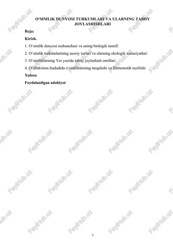 oʻsimlik dunyosi turkumlari va ularning tabiiy joylashishlari — DOCX