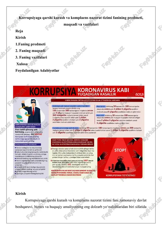 korrupsiyaga qarshi kurash va komplaens nazorat tizimi — DOCX