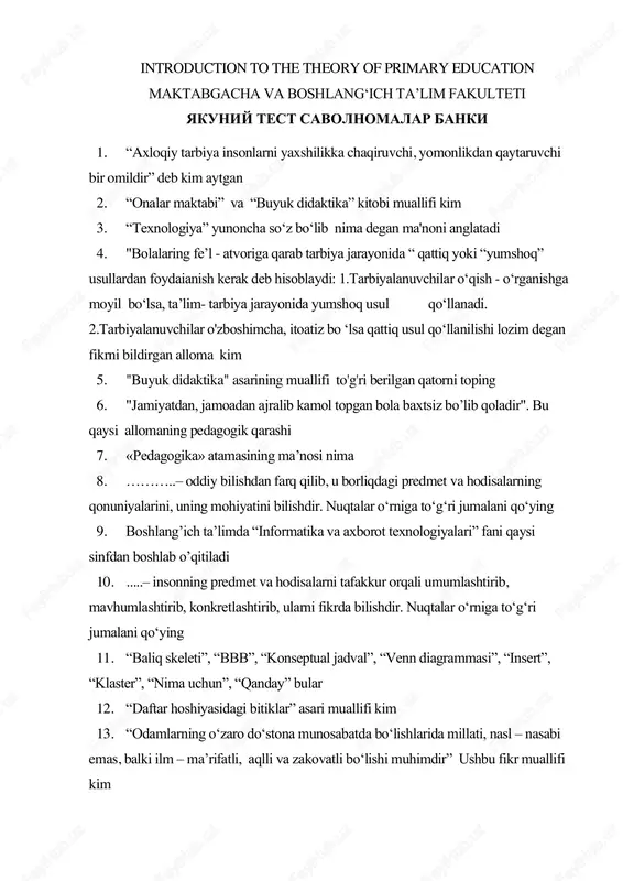 yakuniy test savolnomalar banki — PDF