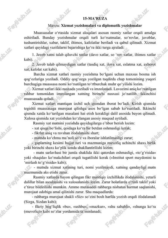 xizmat yozishmalari va diplomatik yozishmalar — DOCX