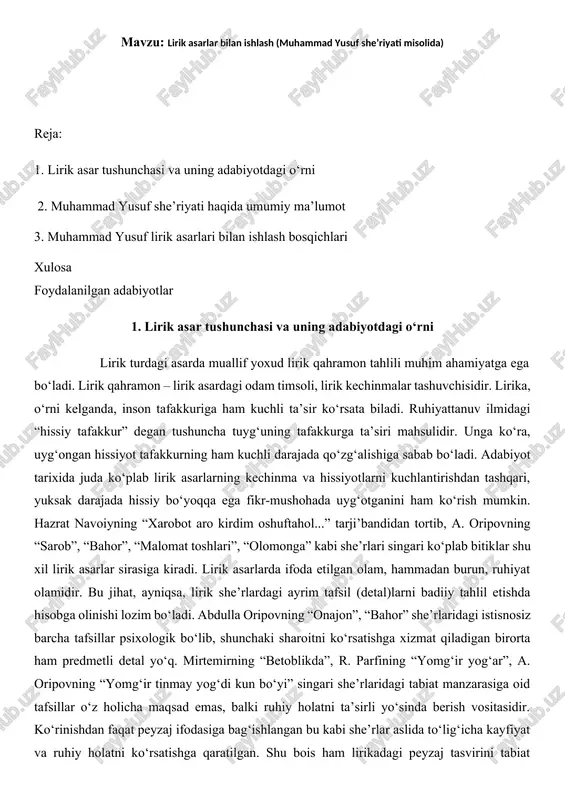 lirik asarlar bilan ishlash (muhammad yusuf she’riyati misolida) — DOCX