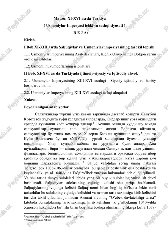 xi-xvi asrda turkiya (usmoniylar imperyasi ichki va tashqi siyosati) — DOCX