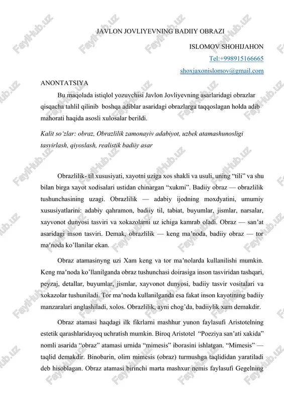 javlon jovliyevning badiiy obrazi — DOCX