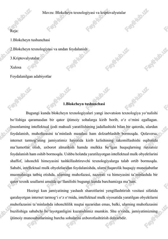 blokcheyn texnologiyasi va kriptovalyutalar — DOCX