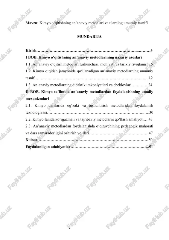 mavzu: kimyo o‘qitishning an’anaviy metodlari va ularning umumiy tasnifi — DOCX