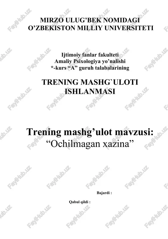 ochilmagan xazina” mashg’ulotining rejasi — DOCX