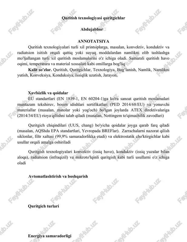 quritish texnologiyasi quritgichlar — DOCX