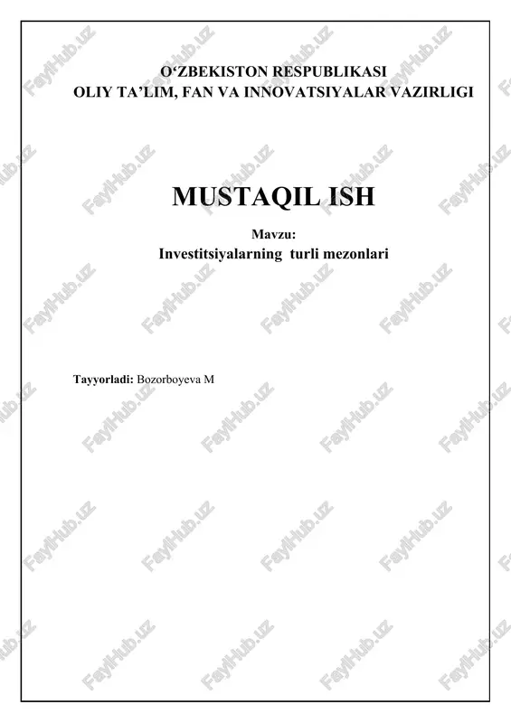 investitsiyalarning turli mezonlari — DOCX