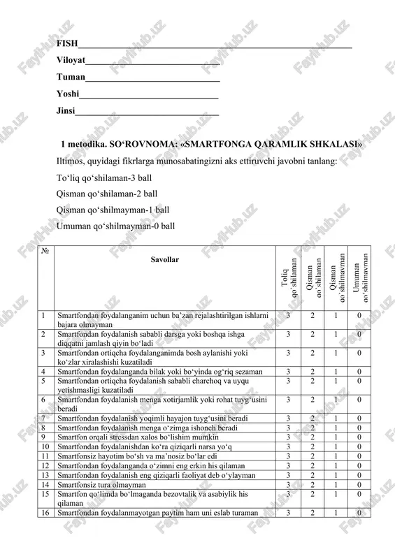 so‘rovnoma: «smartfonga qaramlik shkalasi» — DOCX