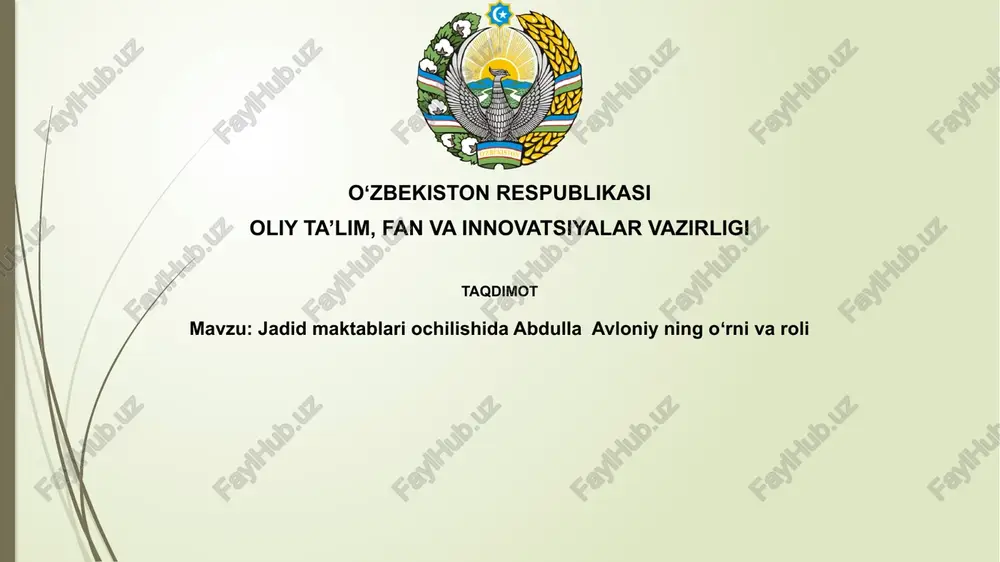 jadid maktablari ochilishida abdulla avloniyning o'rnivsaroli — PPTX