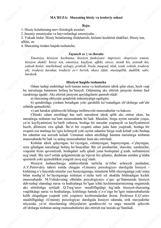 shaxsning hissiy va irodaviy sohasi — DOCX