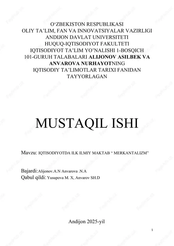 iqtisodiyotda ilk ilmiy maktab “ merkantalizm” — DOCX