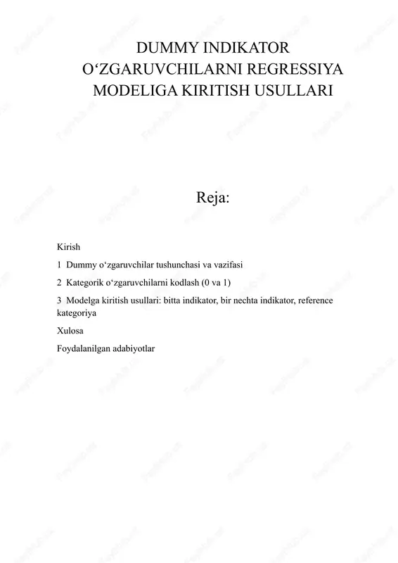 dummy indikator oʻzgaruvchilarni regressiya modeliga kiritish usullari — DOCX