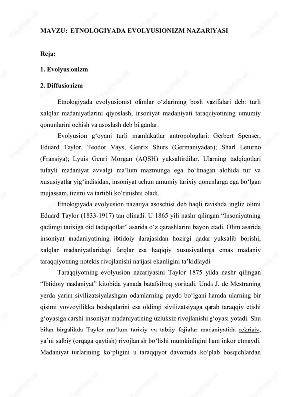 etnologiyada evolyusionizm nazariyasi — DOCX